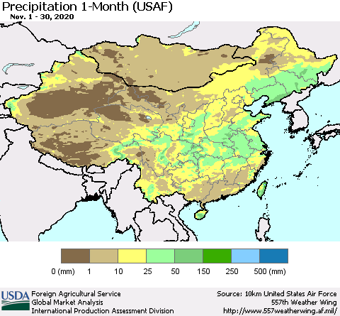 China and Taiwan Precipitation 1-Month (USAF) Thematic Map For 11/1/2020 - 11/30/2020