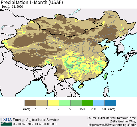China, Mongolia and Taiwan Precipitation 1-Month (USAF) Thematic Map For 12/1/2020 - 12/31/2020