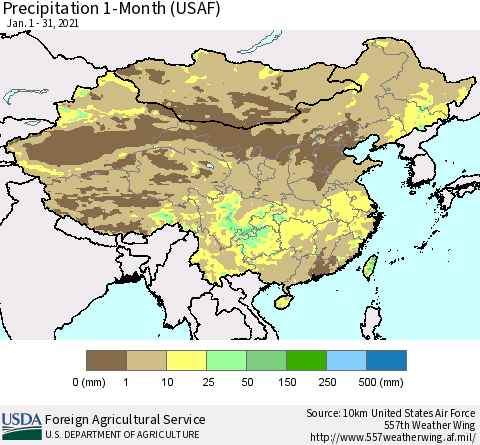 China and Taiwan Precipitation 1-Month (USAF) Thematic Map For 1/1/2021 - 1/31/2021