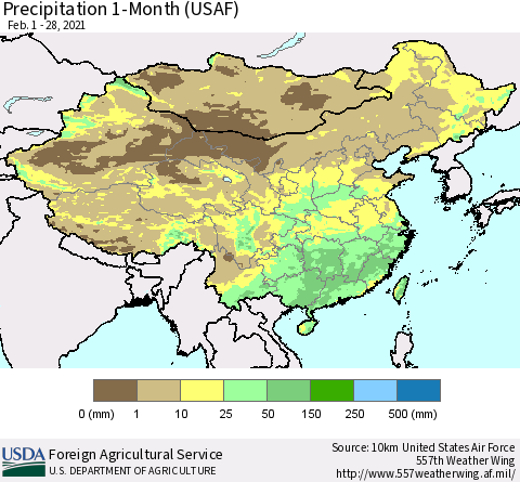 China and Taiwan Precipitation 1-Month (USAF) Thematic Map For 2/1/2021 - 2/28/2021