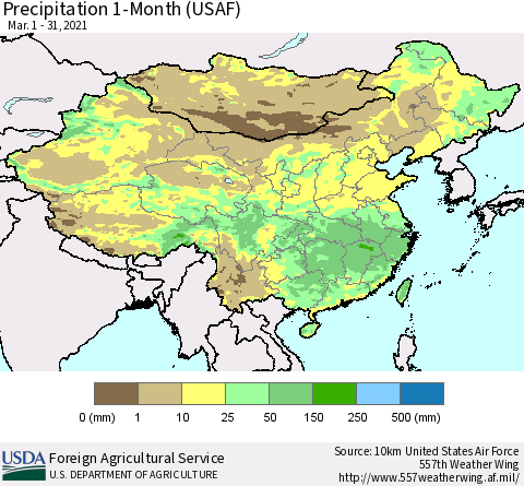 China and Taiwan Precipitation 1-Month (USAF) Thematic Map For 3/1/2021 - 3/31/2021