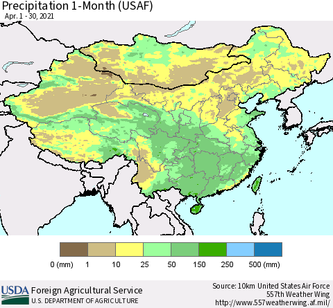 China and Taiwan Precipitation 1-Month (USAF) Thematic Map For 4/1/2021 - 4/30/2021