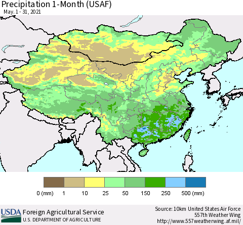 China, Mongolia and Taiwan Precipitation 1-Month (USAF) Thematic Map For 5/1/2021 - 5/31/2021