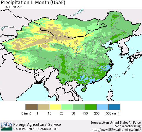 China, Mongolia and Taiwan Precipitation 1-Month (USAF) Thematic Map For 6/1/2021 - 6/30/2021