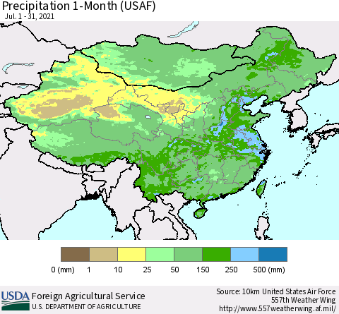 China, Mongolia and Taiwan Precipitation 1-Month (USAF) Thematic Map For 7/1/2021 - 7/31/2021