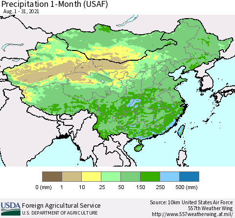 China, Mongolia and Taiwan Precipitation 1-Month (USAF) Thematic Map For 8/1/2021 - 8/31/2021