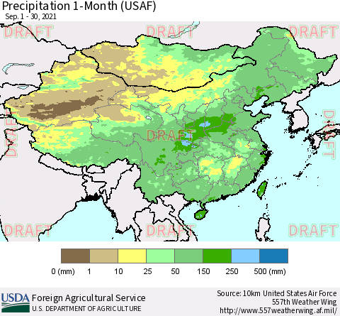 China, Mongolia and Taiwan Precipitation 1-Month (USAF) Thematic Map For 9/1/2021 - 9/30/2021
