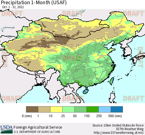 China, Mongolia and Taiwan Precipitation 1-Month (USAF) Thematic Map For 10/1/2021 - 10/31/2021