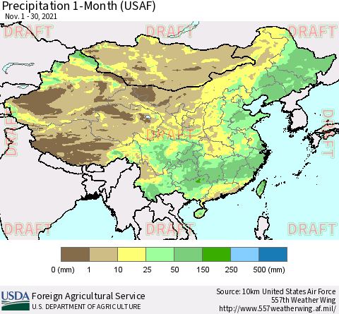 China, Mongolia and Taiwan Precipitation 1-Month (USAF) Thematic Map For 11/1/2021 - 11/30/2021