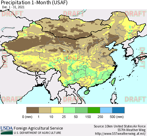 China, Mongolia and Taiwan Precipitation 1-Month (USAF) Thematic Map For 12/1/2021 - 12/31/2021
