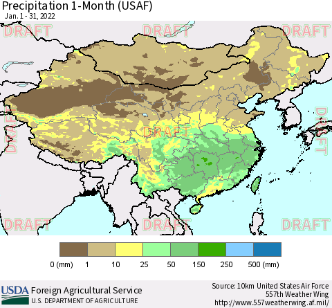China, Mongolia and Taiwan Precipitation 1-Month (USAF) Thematic Map For 1/1/2022 - 1/31/2022