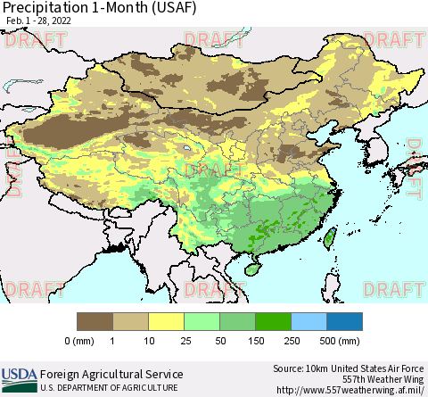 China, Mongolia and Taiwan Precipitation 1-Month (USAF) Thematic Map For 2/1/2022 - 2/28/2022