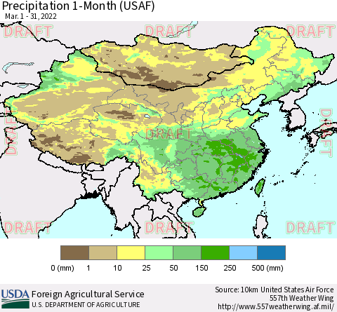 China, Mongolia and Taiwan Precipitation 1-Month (USAF) Thematic Map For 3/1/2022 - 3/31/2022