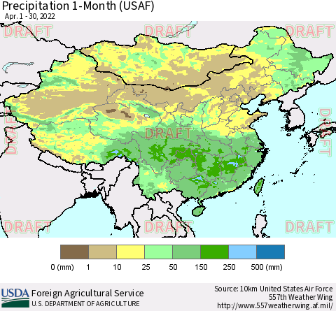 China, Mongolia and Taiwan Precipitation 1-Month (USAF) Thematic Map For 4/1/2022 - 4/30/2022