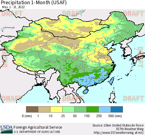 China, Mongolia and Taiwan Precipitation 1-Month (USAF) Thematic Map For 5/1/2022 - 5/31/2022