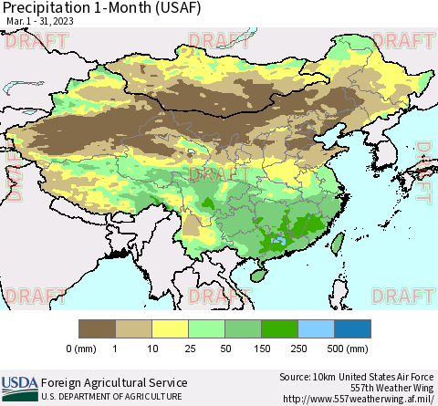 China, Mongolia and Taiwan Precipitation 1-Month (USAF) Thematic Map For 3/1/2023 - 3/31/2023