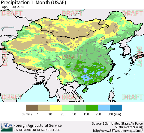 China, Mongolia and Taiwan Precipitation 1-Month (USAF) Thematic Map For 4/1/2023 - 4/30/2023