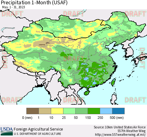 China, Mongolia and Taiwan Precipitation 1-Month (USAF) Thematic Map For 5/1/2023 - 5/31/2023