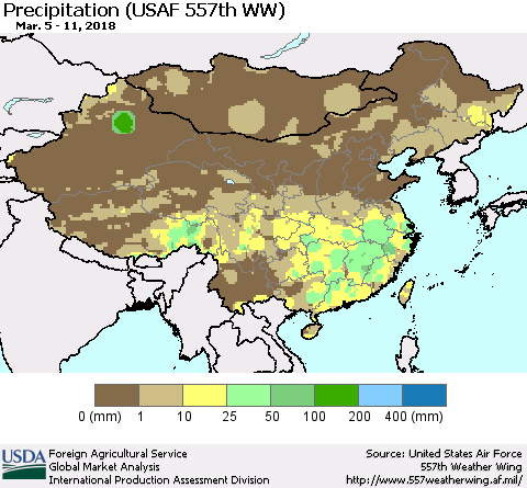 China, Mongolia and Taiwan Precipitation (USAF 557th WW) Thematic Map For 3/5/2018 - 3/11/2018
