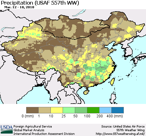 China, Mongolia and Taiwan Precipitation (USAF 557th WW) Thematic Map For 3/12/2018 - 3/18/2018