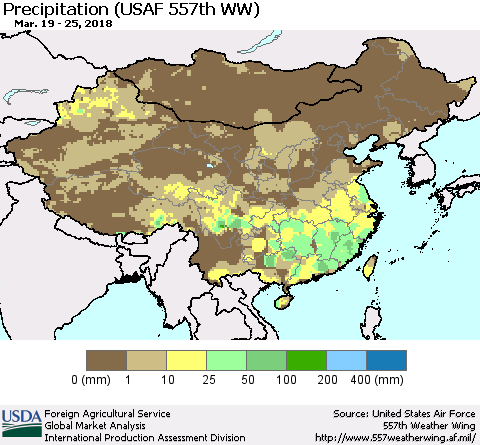 China, Mongolia and Taiwan Precipitation (USAF 557th WW) Thematic Map For 3/19/2018 - 3/25/2018