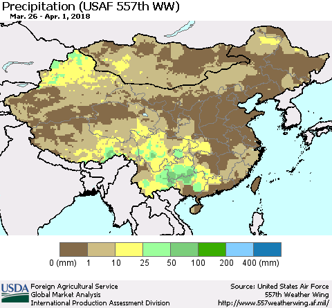 China, Mongolia and Taiwan Precipitation (USAF 557th WW) Thematic Map For 3/26/2018 - 4/1/2018