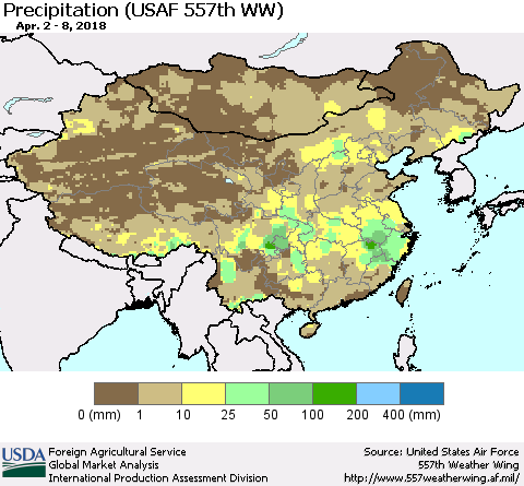 China, Mongolia and Taiwan Precipitation (USAF 557th WW) Thematic Map For 4/2/2018 - 4/8/2018