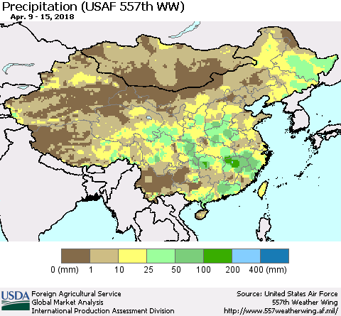 China, Mongolia and Taiwan Precipitation (USAF 557th WW) Thematic Map For 4/9/2018 - 4/15/2018