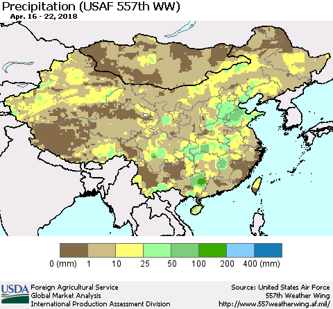 China, Mongolia and Taiwan Precipitation (USAF 557th WW) Thematic Map For 4/16/2018 - 4/22/2018