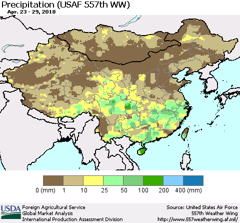 China, Mongolia and Taiwan Precipitation (USAF 557th WW) Thematic Map For 4/23/2018 - 4/29/2018