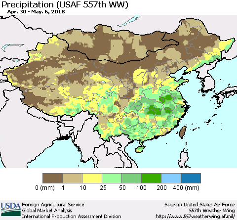 China, Mongolia and Taiwan Precipitation (USAF 557th WW) Thematic Map For 4/30/2018 - 5/6/2018