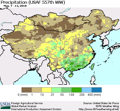 China, Mongolia and Taiwan Precipitation (USAF 557th WW) Thematic Map For 5/7/2018 - 5/13/2018
