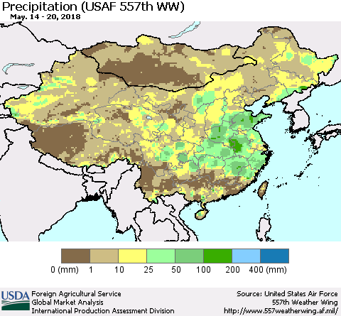 China, Mongolia and Taiwan Precipitation (USAF 557th WW) Thematic Map For 5/14/2018 - 5/20/2018