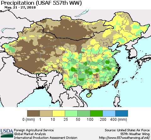 China, Mongolia and Taiwan Precipitation (USAF 557th WW) Thematic Map For 5/21/2018 - 5/27/2018