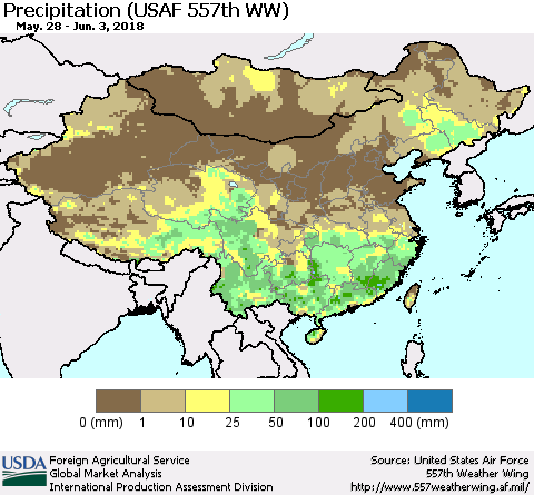 China, Mongolia and Taiwan Precipitation (USAF 557th WW) Thematic Map For 5/28/2018 - 6/3/2018