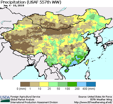 China, Mongolia and Taiwan Precipitation (USAF 557th WW) Thematic Map For 6/4/2018 - 6/10/2018