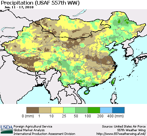 China, Mongolia and Taiwan Precipitation (USAF 557th WW) Thematic Map For 6/11/2018 - 6/17/2018