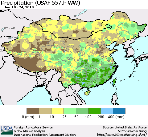 China, Mongolia and Taiwan Precipitation (USAF 557th WW) Thematic Map For 6/18/2018 - 6/24/2018