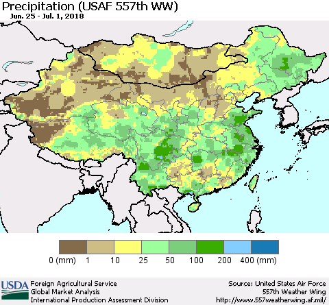 China, Mongolia and Taiwan Precipitation (USAF 557th WW) Thematic Map For 6/25/2018 - 7/1/2018