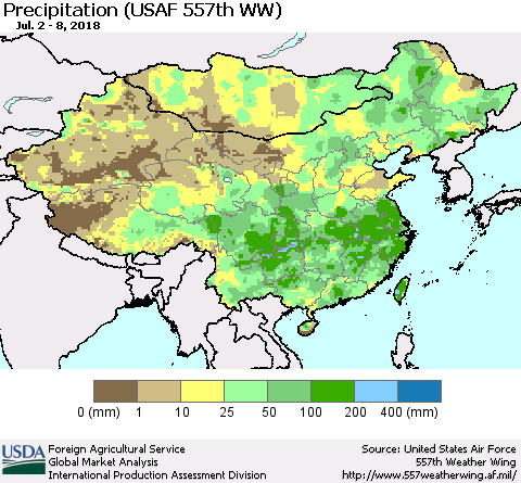 China, Mongolia and Taiwan Precipitation (USAF 557th WW) Thematic Map For 7/2/2018 - 7/8/2018