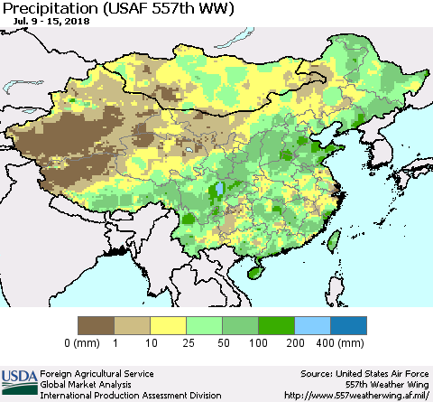 China, Mongolia and Taiwan Precipitation (USAF 557th WW) Thematic Map For 7/9/2018 - 7/15/2018