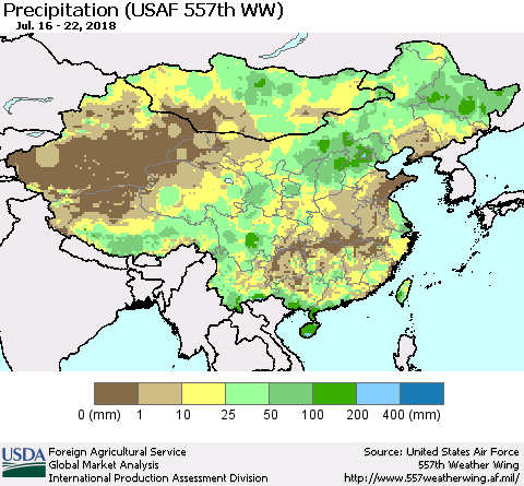 China, Mongolia and Taiwan Precipitation (USAF 557th WW) Thematic Map For 7/16/2018 - 7/22/2018