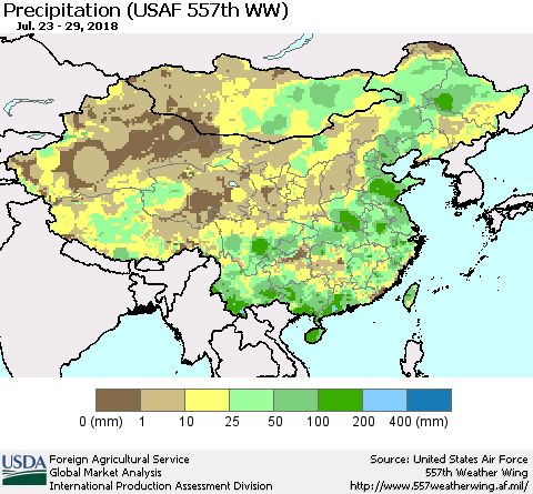 China, Mongolia and Taiwan Precipitation (USAF 557th WW) Thematic Map For 7/23/2018 - 7/29/2018
