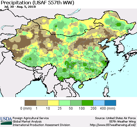 China, Mongolia and Taiwan Precipitation (USAF 557th WW) Thematic Map For 7/30/2018 - 8/5/2018