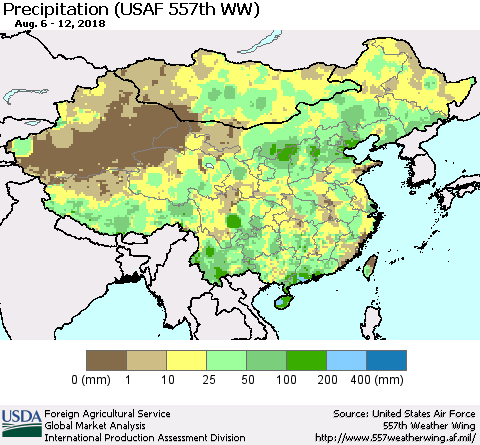 China, Mongolia and Taiwan Precipitation (USAF 557th WW) Thematic Map For 8/6/2018 - 8/12/2018