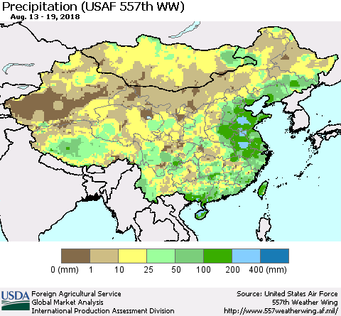 China, Mongolia and Taiwan Precipitation (USAF 557th WW) Thematic Map For 8/13/2018 - 8/19/2018