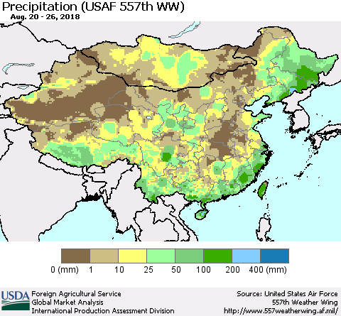 China, Mongolia and Taiwan Precipitation (USAF 557th WW) Thematic Map For 8/20/2018 - 8/26/2018