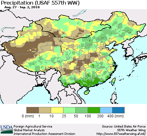 China, Mongolia and Taiwan Precipitation (USAF 557th WW) Thematic Map For 8/27/2018 - 9/2/2018
