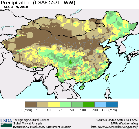 China, Mongolia and Taiwan Precipitation (USAF 557th WW) Thematic Map For 9/3/2018 - 9/9/2018
