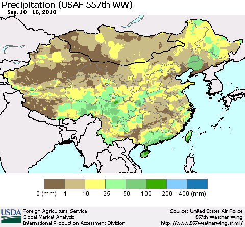 China, Mongolia and Taiwan Precipitation (USAF 557th WW) Thematic Map For 9/10/2018 - 9/16/2018